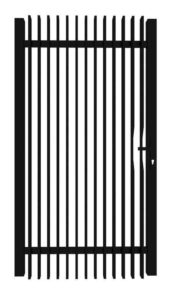 Black aluminium vertical blade pedestrian gate with a handle lock