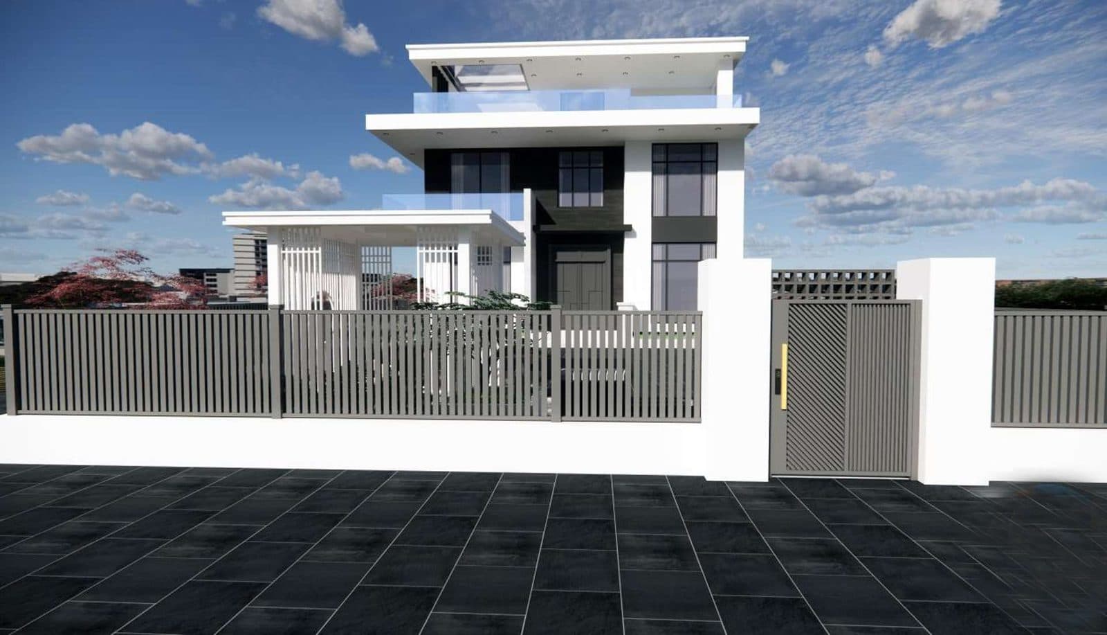 Grey aluminium slat fence and matching sliding gate at a modern two-storey home