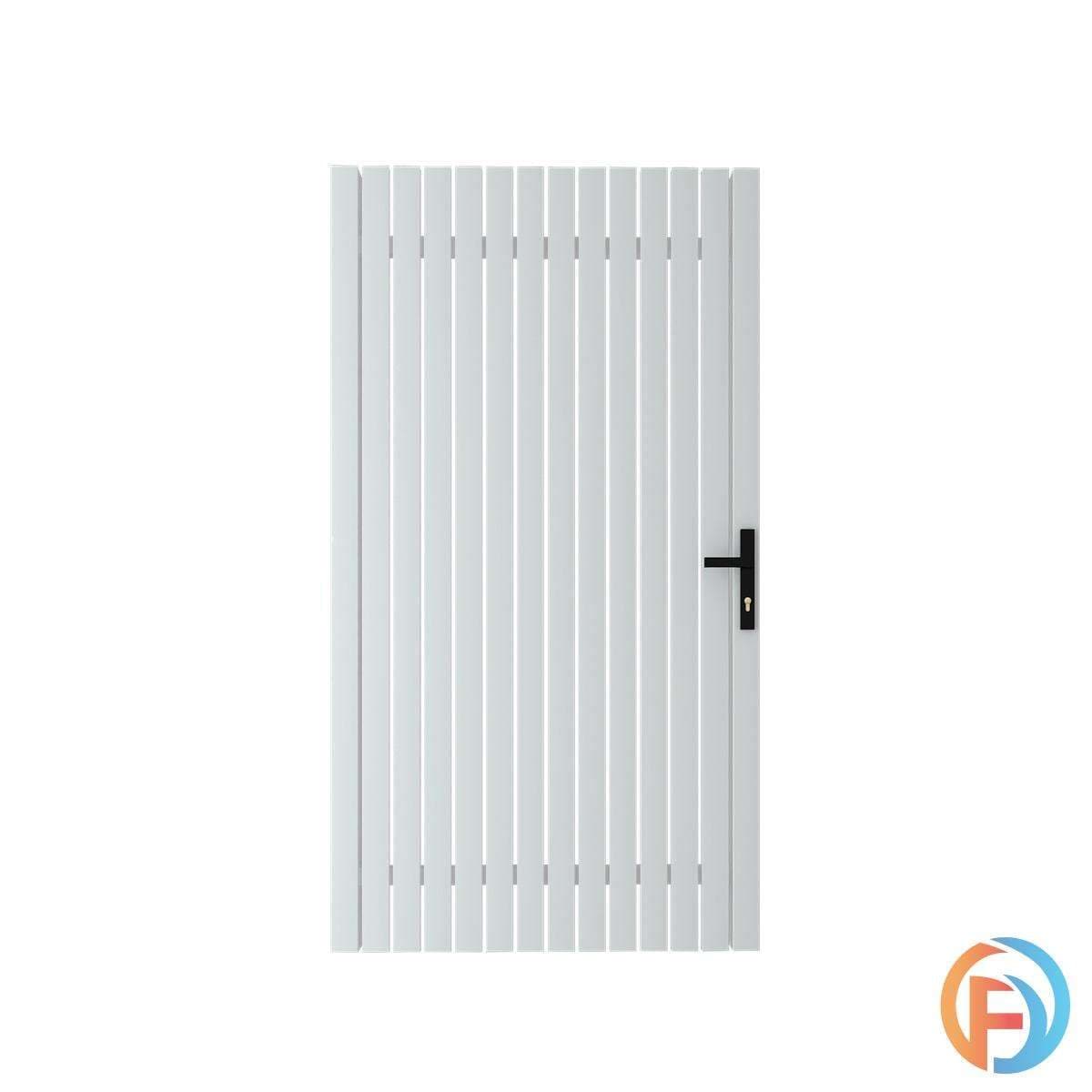 White aluminium vertical picket pedestrian gate with a black handle lock