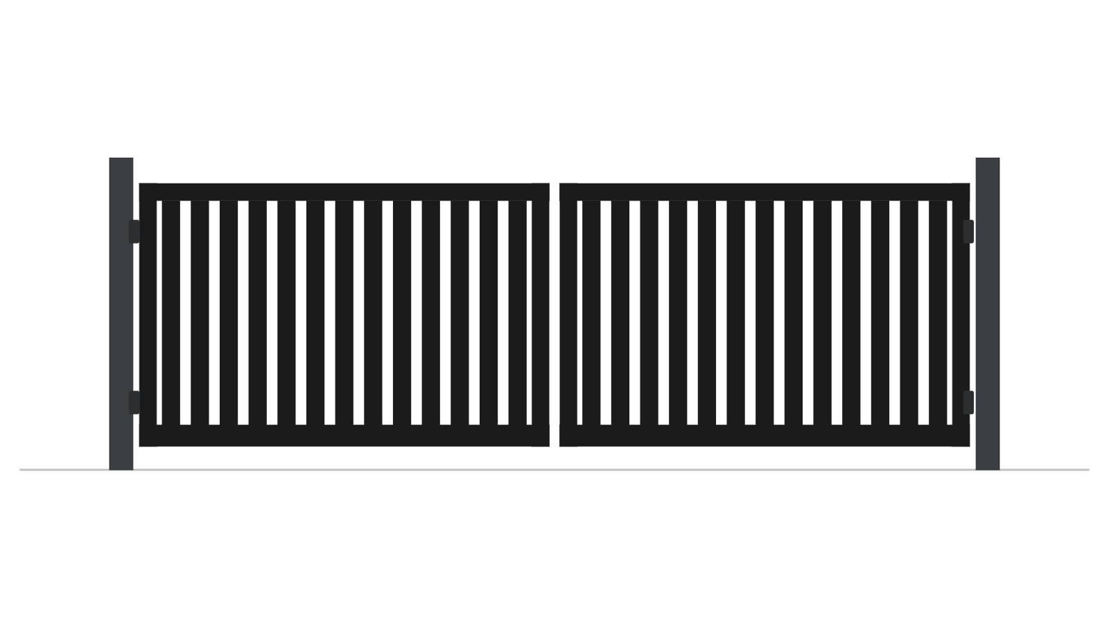 A drawing of a black aluminium vertical batten double swing gate