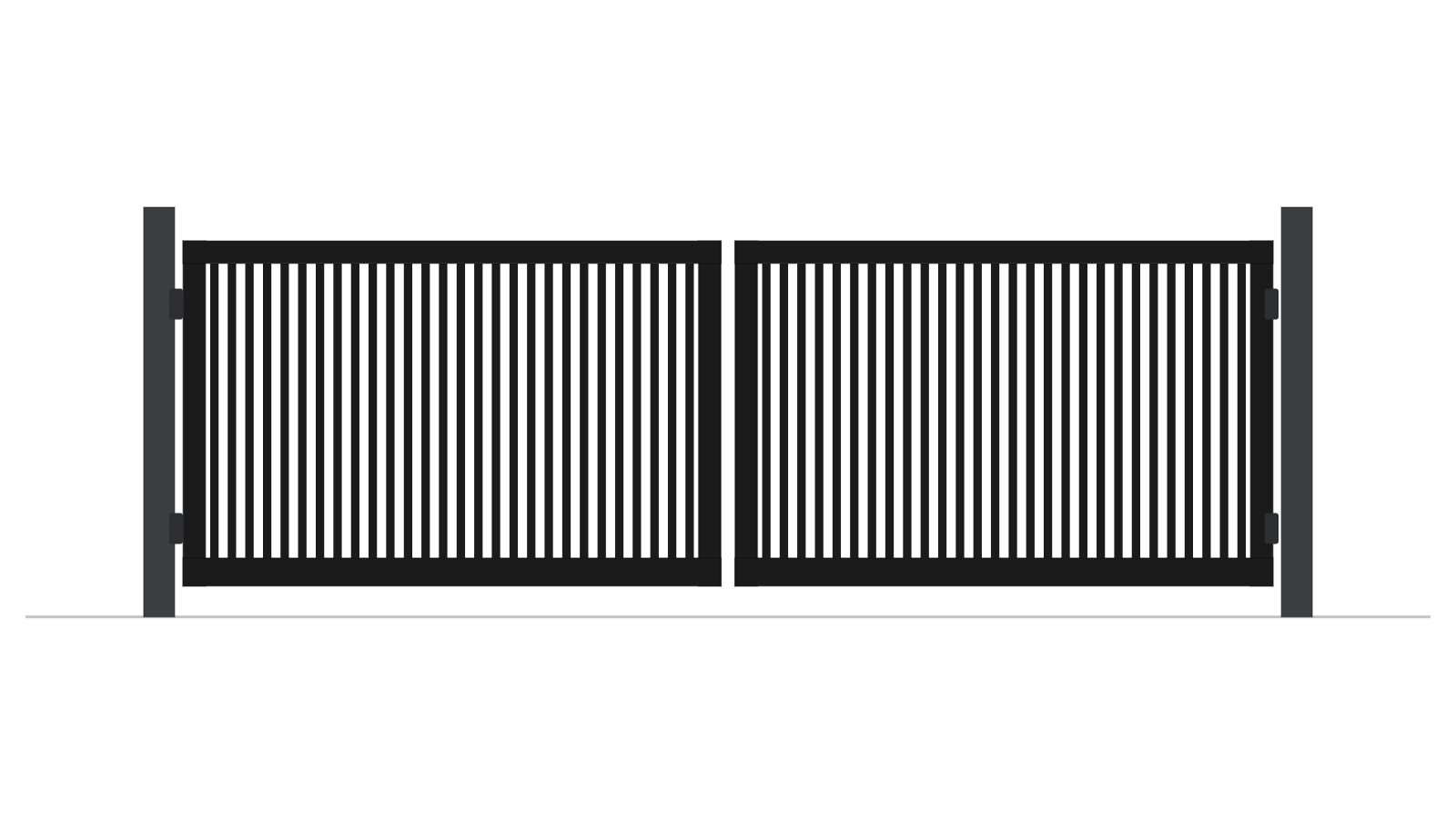 A drawing of a black aluminium vertical blade double swing gate