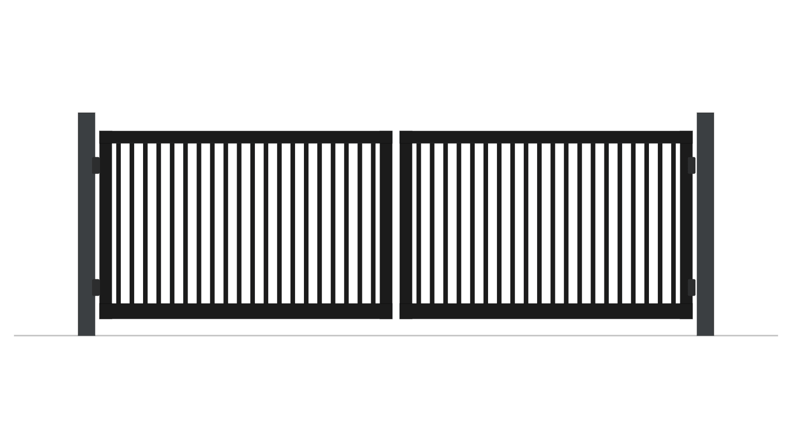A drawing of a black aluminium vertical picket double swing gate