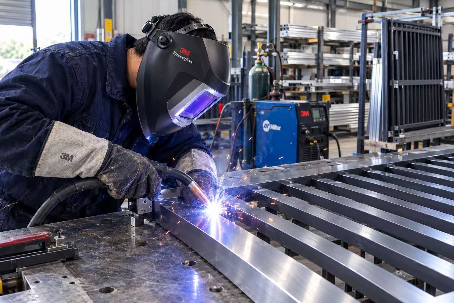 Welding the frame of an aluminium panel at the FY Fencing yard in Slacks Creek
